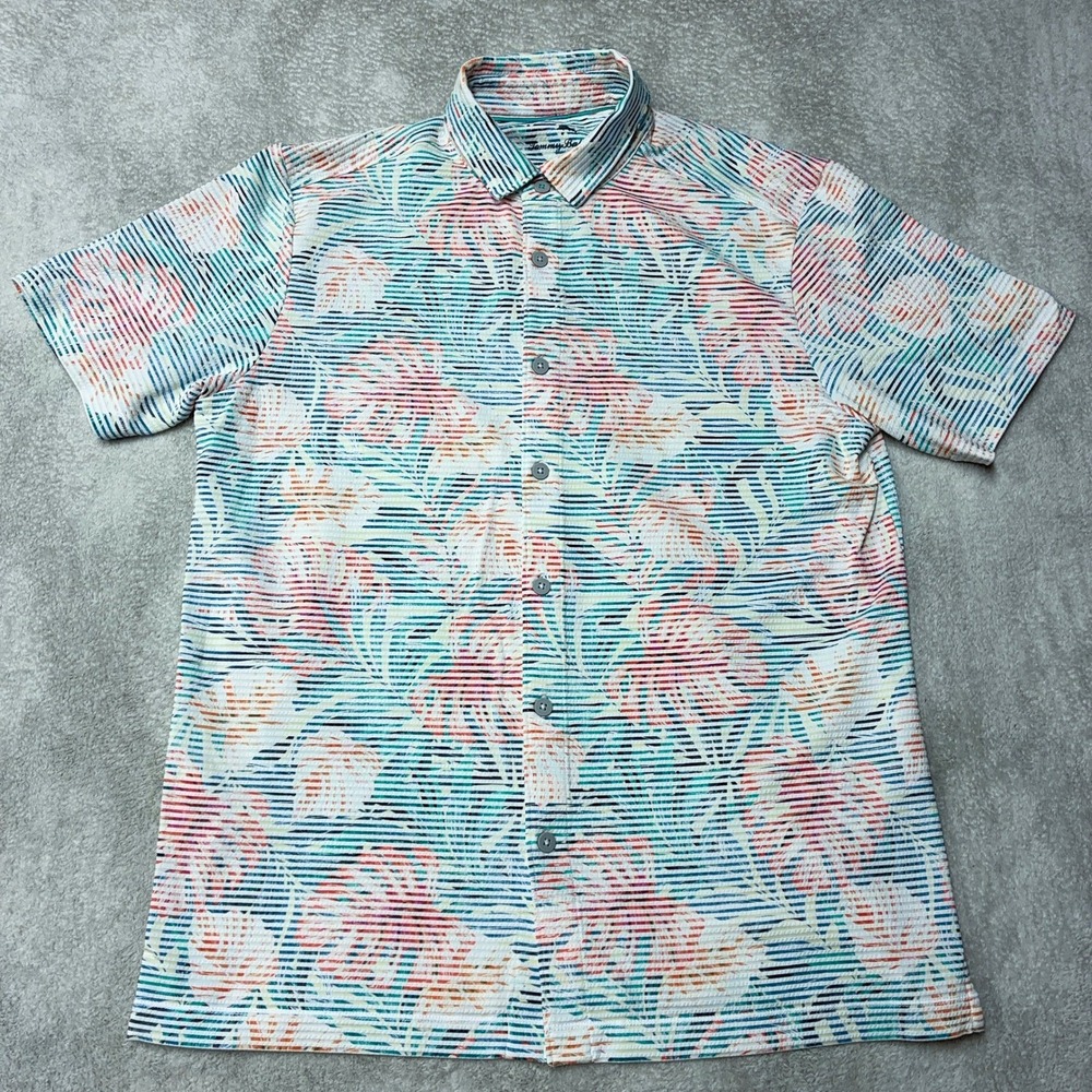 Tommy Bahama Shirt IslandZone Seersucker Floral Stripe Nylon Mens S